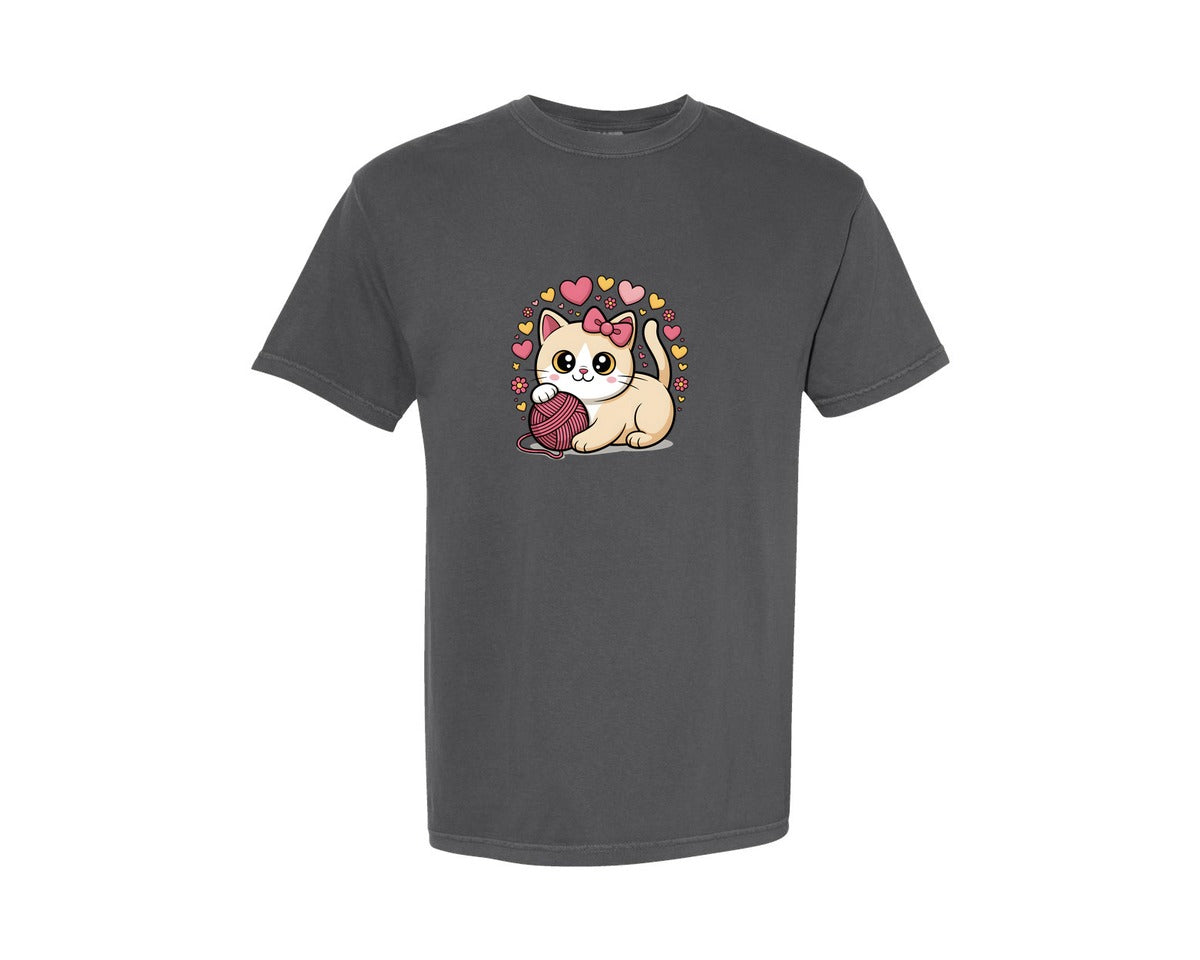 brand:Comfort Colors|color:Pepper|Cute Kitty With Yarn Ball Graphic T-Shirt