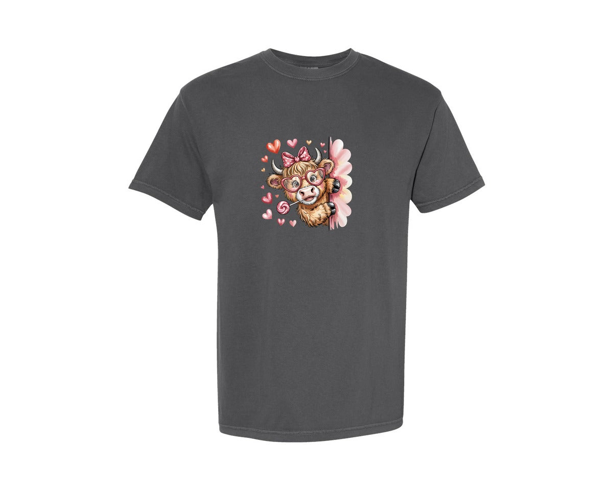 brand:Comfort Colors|color:Pepper|Valentines Day Highland Cow Hearts Graphic T-Shirt