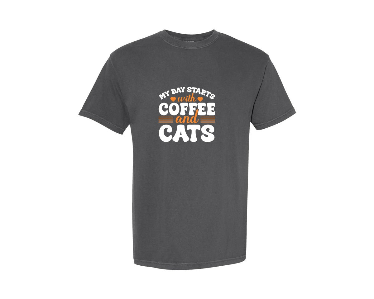 brand:Comfort Colors|color:Pepper|Coffee Cats Cat Shirt Graphic T-Shirt
