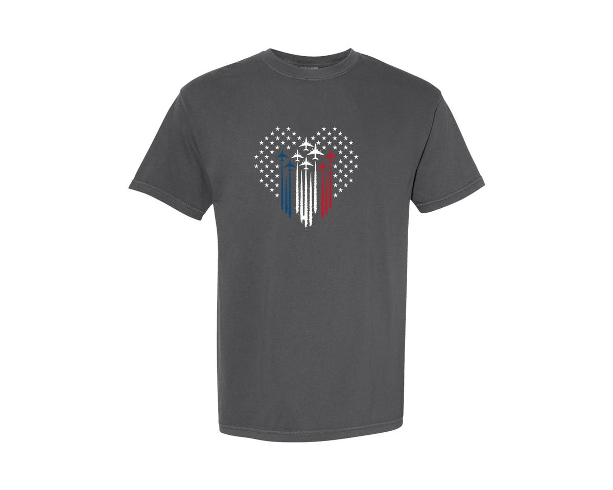 brand:Comfort Colors|color:Pepper|Fighter Jet Airplane Usa Flag Heart Graphic T-Shirt