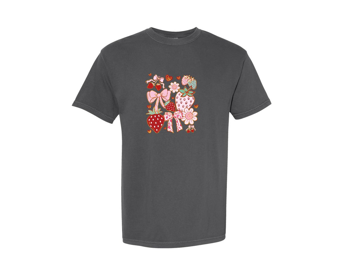 brand:Comfort Colors|color:Pepper|Boho Strawberry Coquette Strawberry Graphic T-Shirt