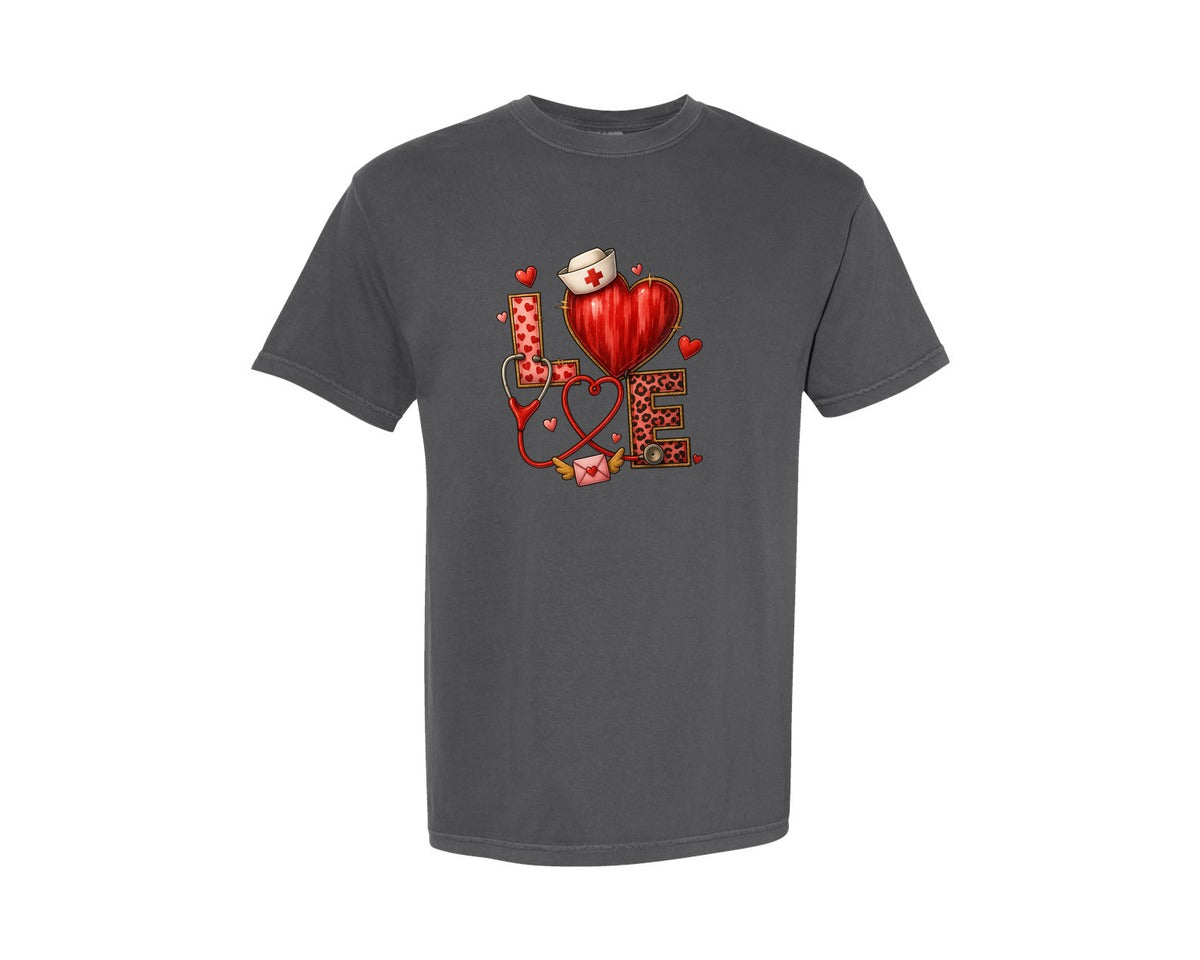 brand:Comfort Colors|color:Pepper|Nurse Love Stethescope Nurse Life Graphic T-Shirt
