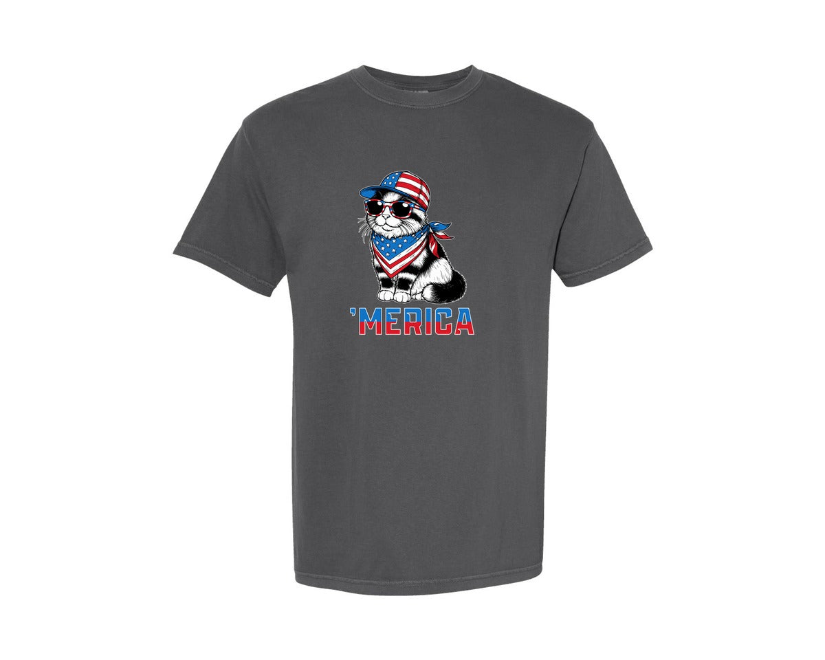 brand:Comfort Colors|color:Pepper|Merica Cat 4Th Of July T Shirt Design Graphic T-Shirt