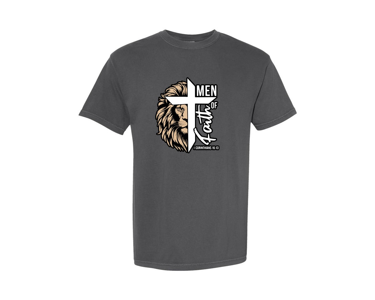 brand:Comfort Colors|color:Pepper|Men Of Faith Lion Cross Religious Graphic T-Shirt