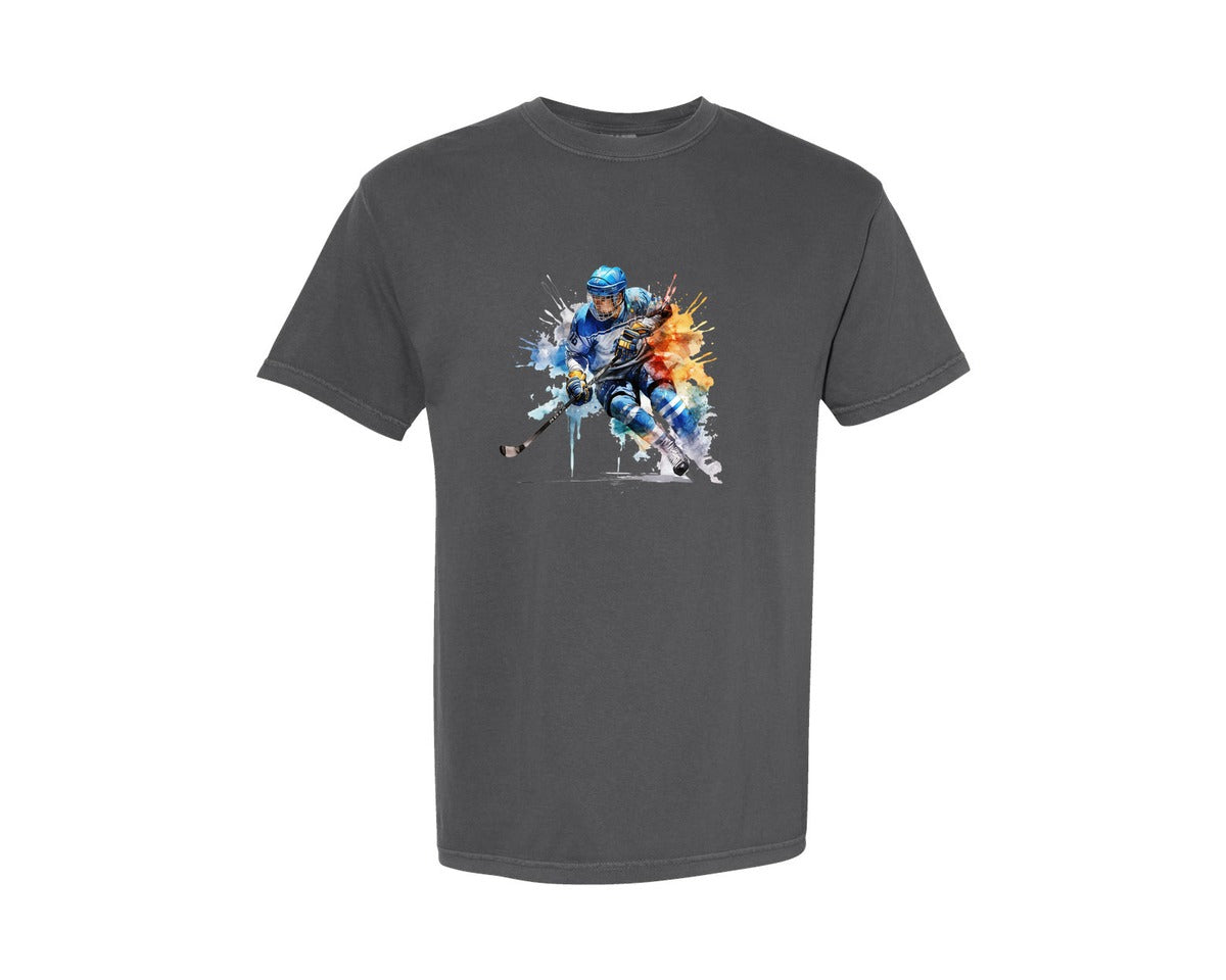 brand:Comfort Colors|color:Pepper|Colorful Hockey Player 2 Graphic T-Shirt