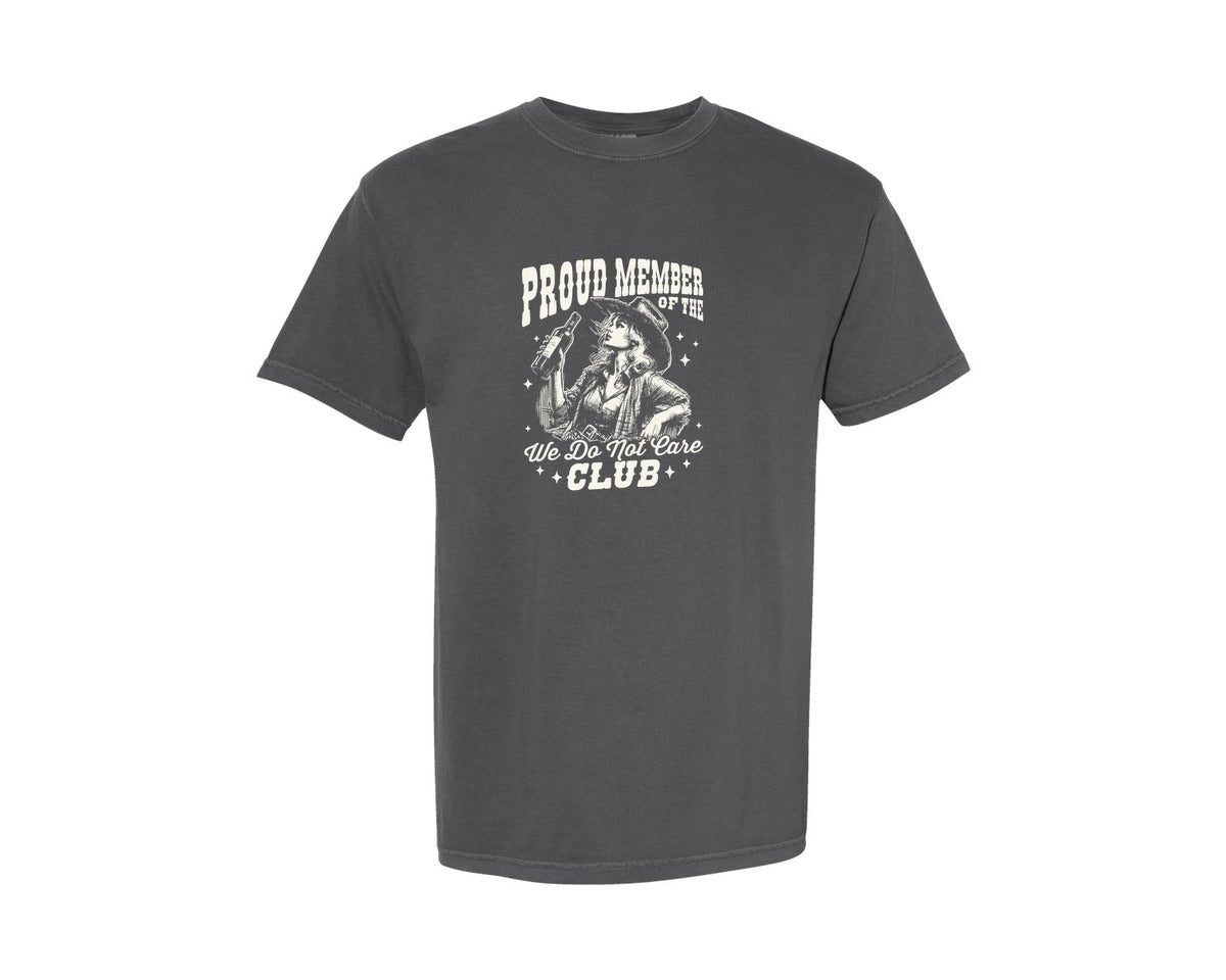 brand:Comfort Colors|color:Pepper|We Do Not Care Club Cowgirl Whiskey Shir Graphic T-Shirt