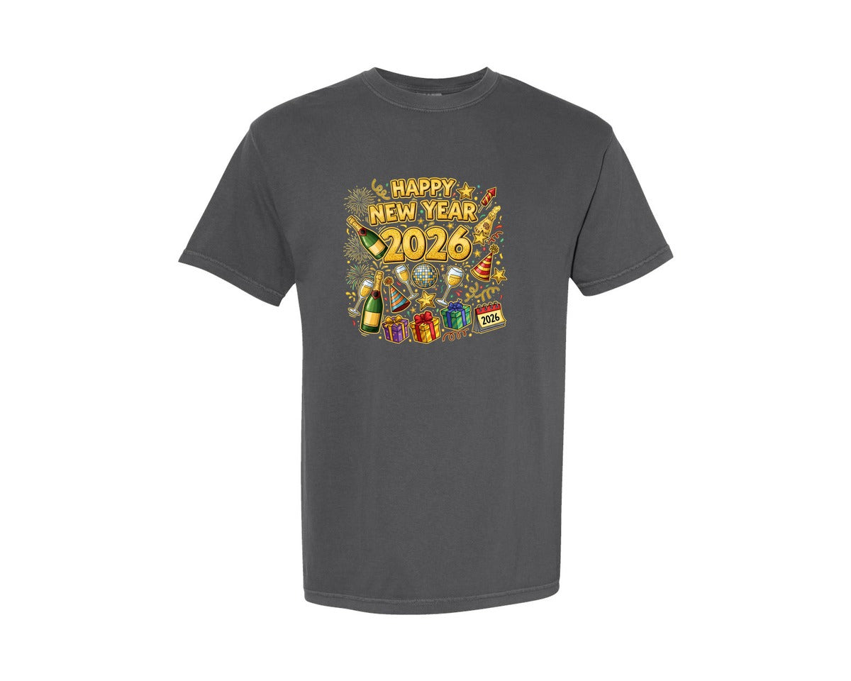 brand:Comfort Colors|color:Pepper|Gold Sparkle Happy New Year 2026 Graphic T-Shirt