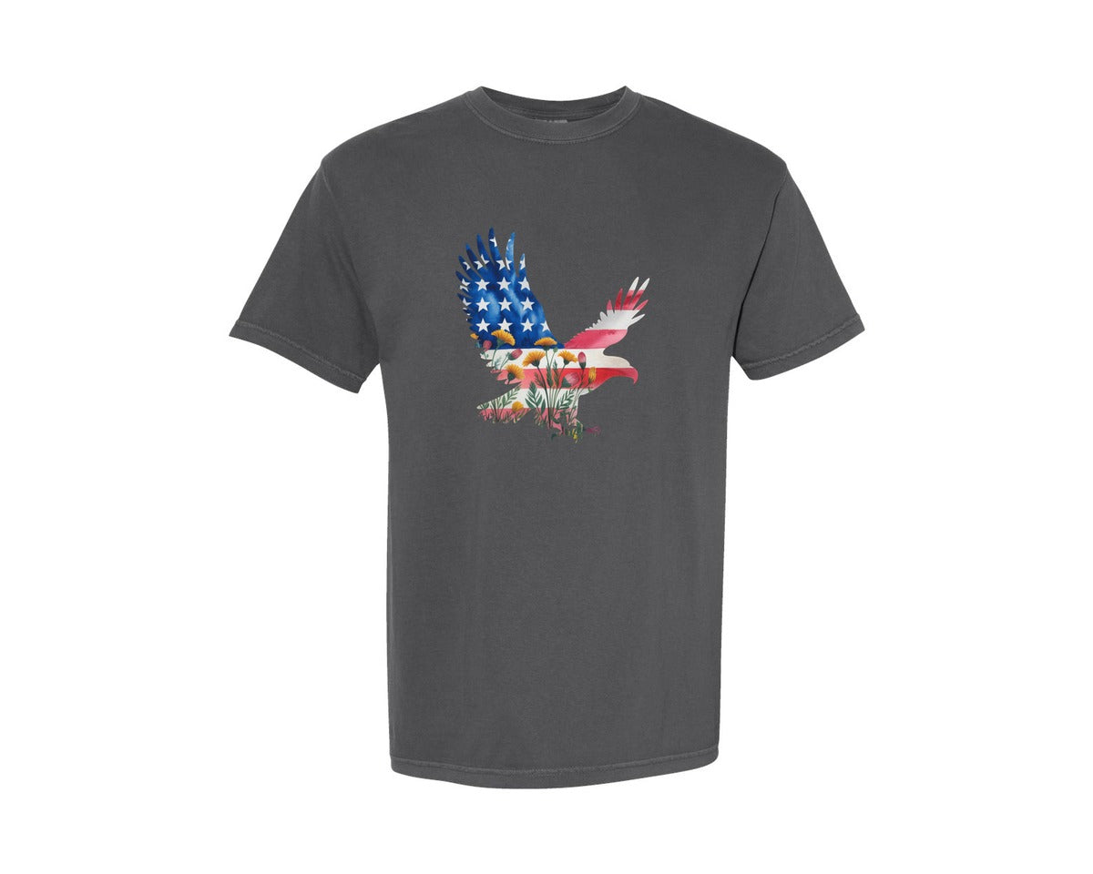 brand:Comfort Colors|color:Pepper|Patriotic Usa America Eagle Flowers Graphic T-Shirt
