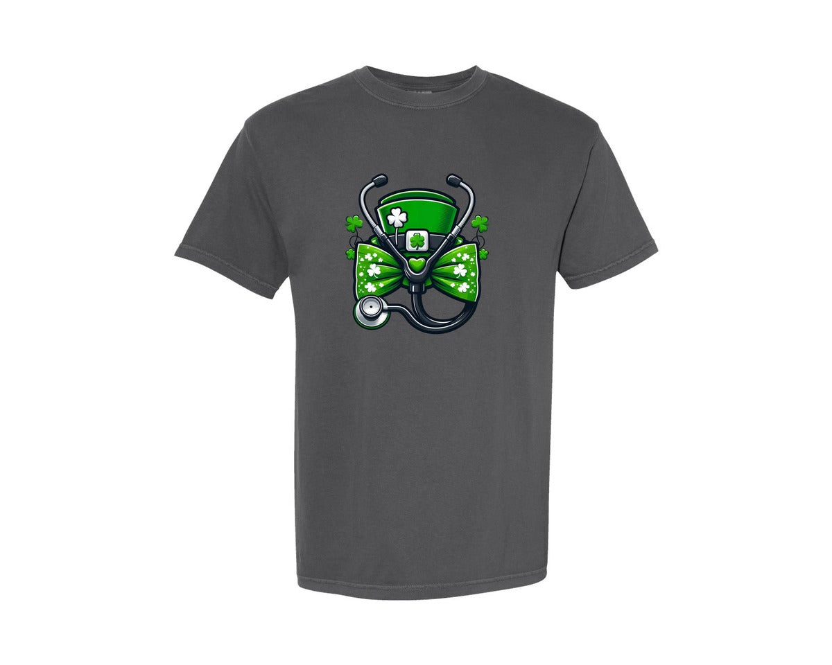 brand:Comfort Colors|color:Pepper|Nurse St Patricks Day Coquette Bow 3 Graphic T-Shirt