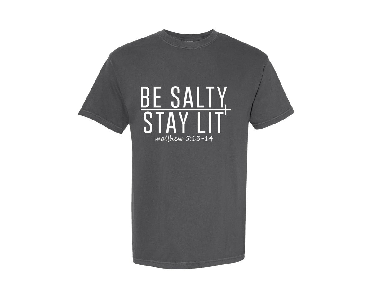 brand:Comfort Colors|color:Pepper|Be Salty Stay Lit Christian Faith Graphic T-Shirt