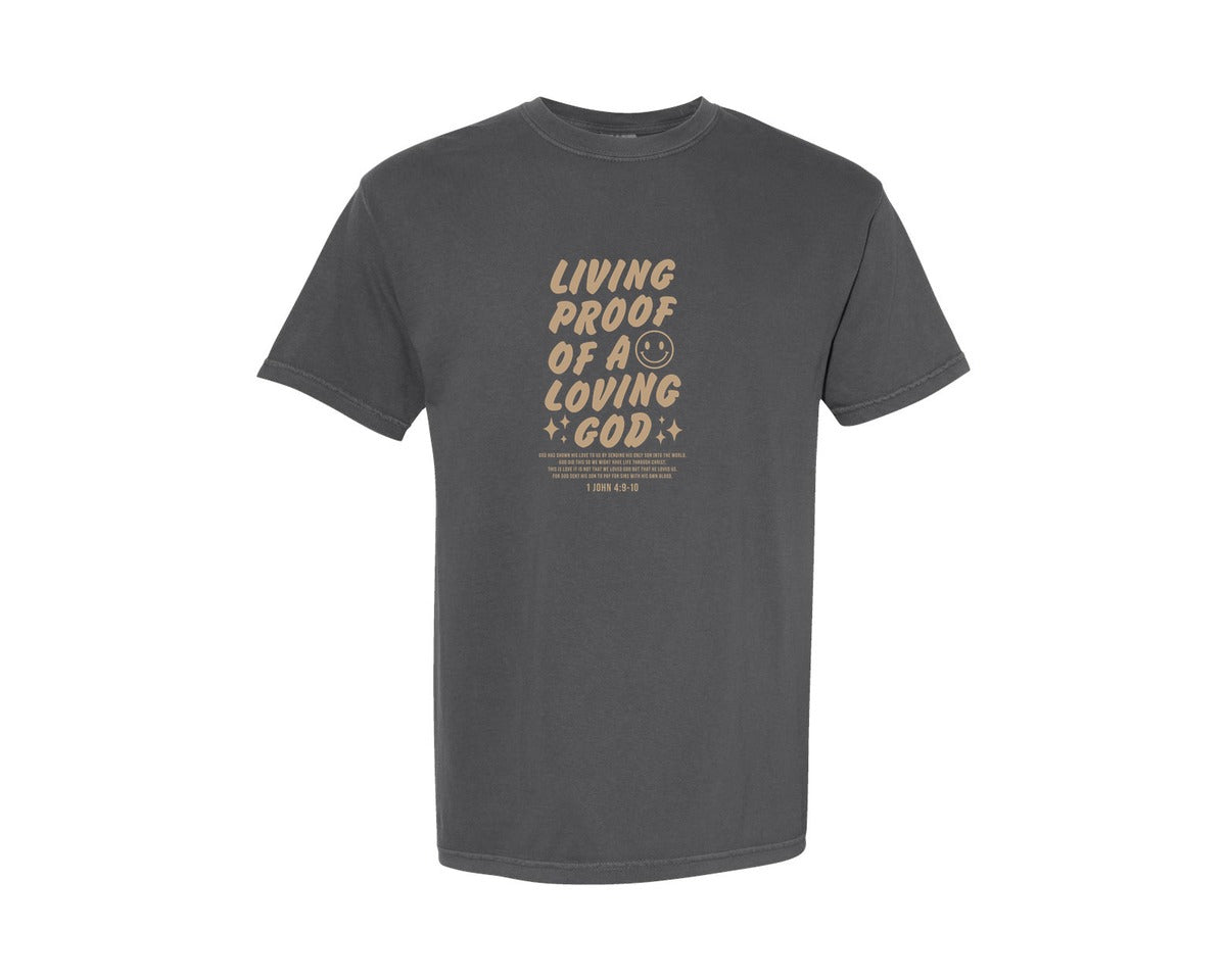 brand:Comfort Colors|color:Pepper|Living Proof Of A Loving God Wavy Graphic T-Shirt
