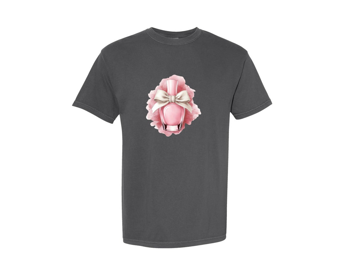 brand:Comfort Colors|color:Pepper|Coquette Pink Nail Polish With Bow Graphic T-Shirt