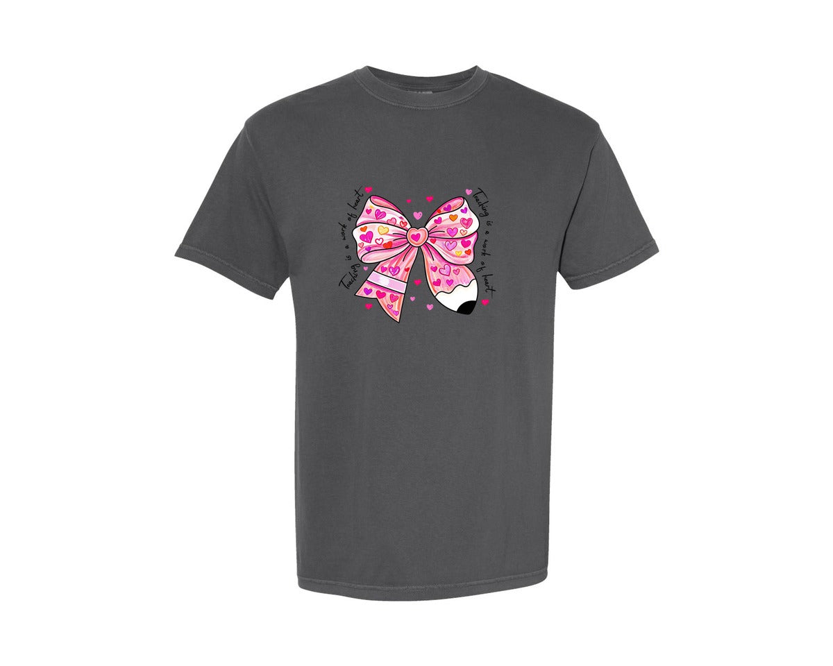 brand:Comfort Colors|color:Pepper|Teacher Valentine Pencil Coquette Bow 2 Graphic T-Shirt