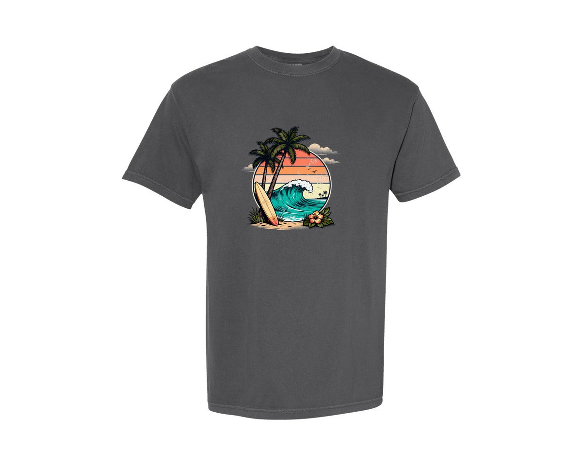 brand:Comfort Colors|color:Pepper|Retro Surf Sunset Beach Palm Tree Graphic T-Shirt