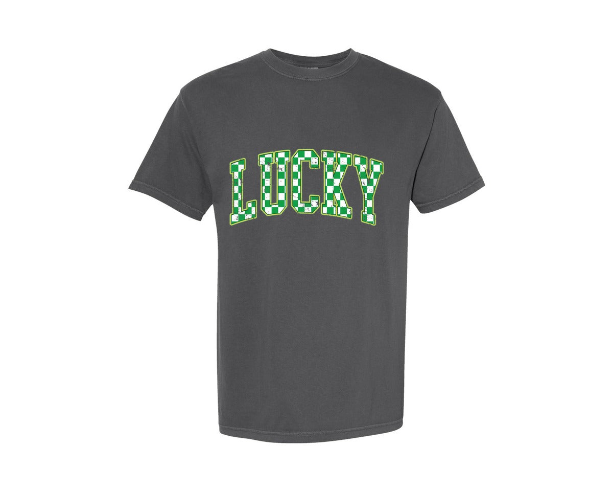 brand:Comfort Colors|color:Pepper|Lucky St Patricks Checkered Varsity Graphic T-Shirt