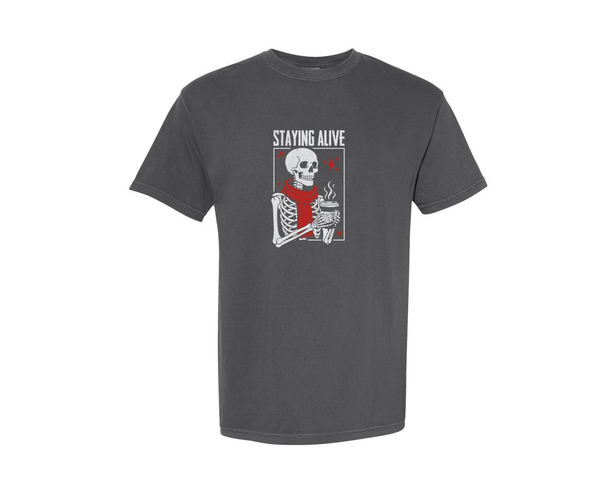 brand:Comfort Colors|color:Pepper|Staying Alive Skeleton Coffee T Shirt Graphic T-Shirt