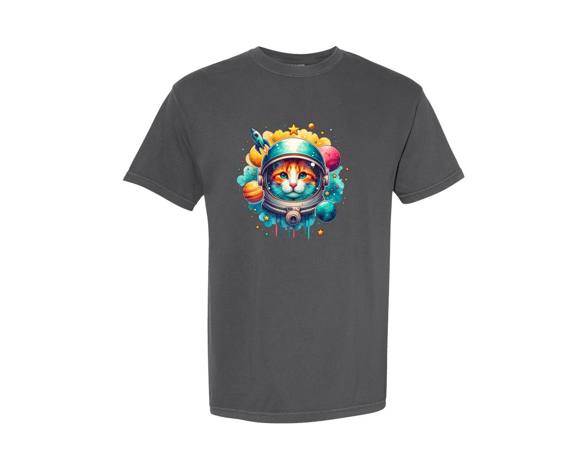 brand:Comfort Colors|color:Pepper|Astronaut Cat Colorful Planets Graphic T-Shirt