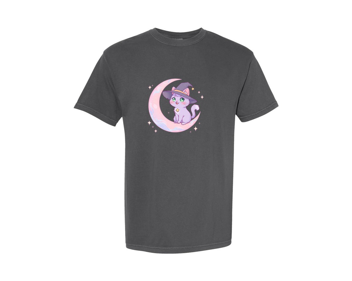 brand:Comfort Colors|color:Pepper|Witch Cat On Crescent Moon Graphic T-Shirt