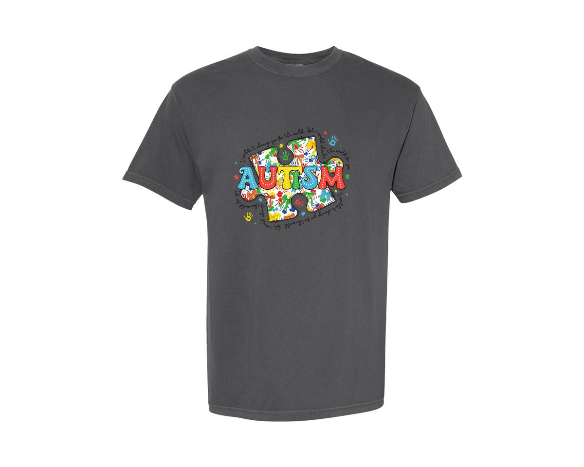brand:Comfort Colors|color:Pepper|Autism Awareness Puzzle Bow Autism Graphic T-Shirt