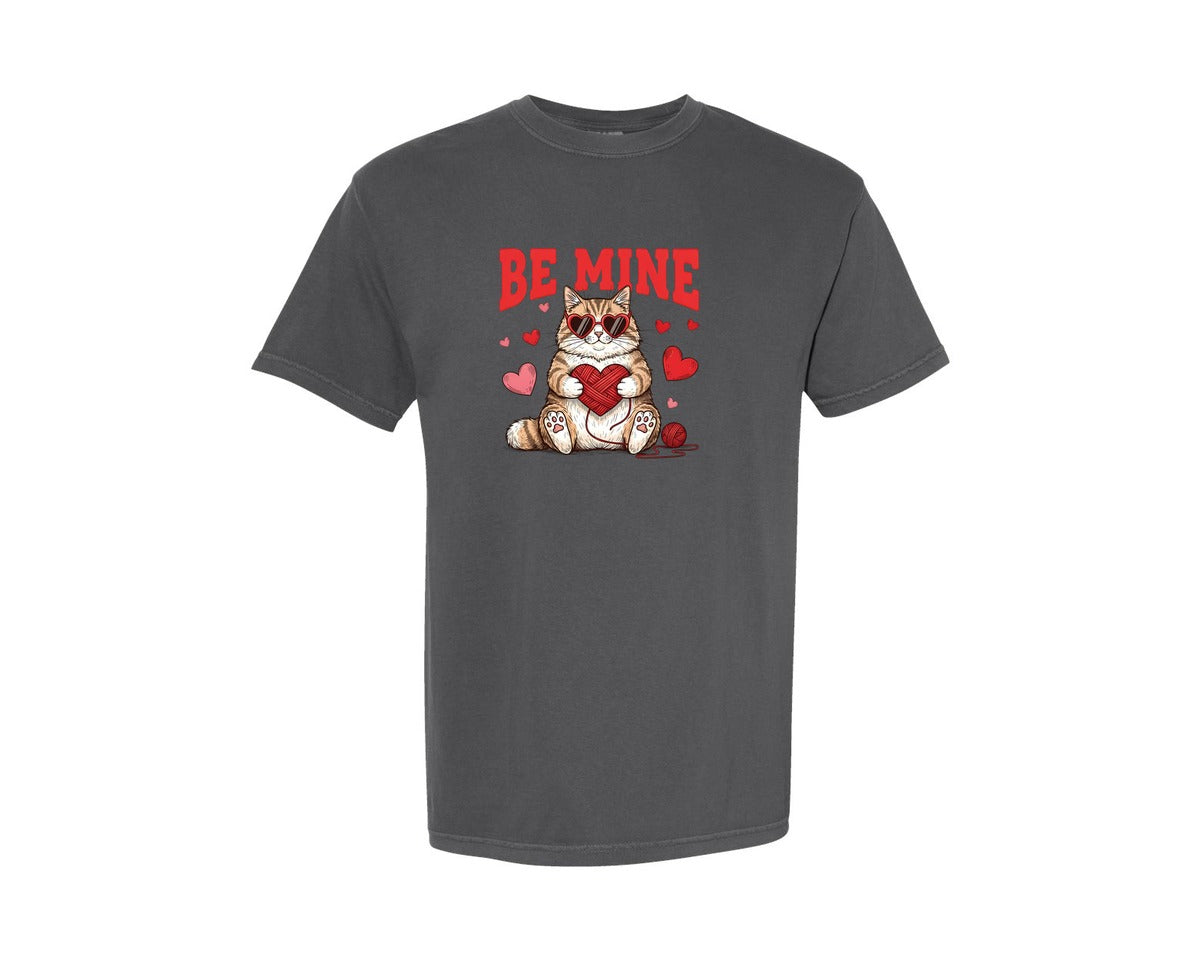 brand:Comfort Colors|color:Pepper|Be Mine Cute Cat Valentines Day Graphic T-Shirt