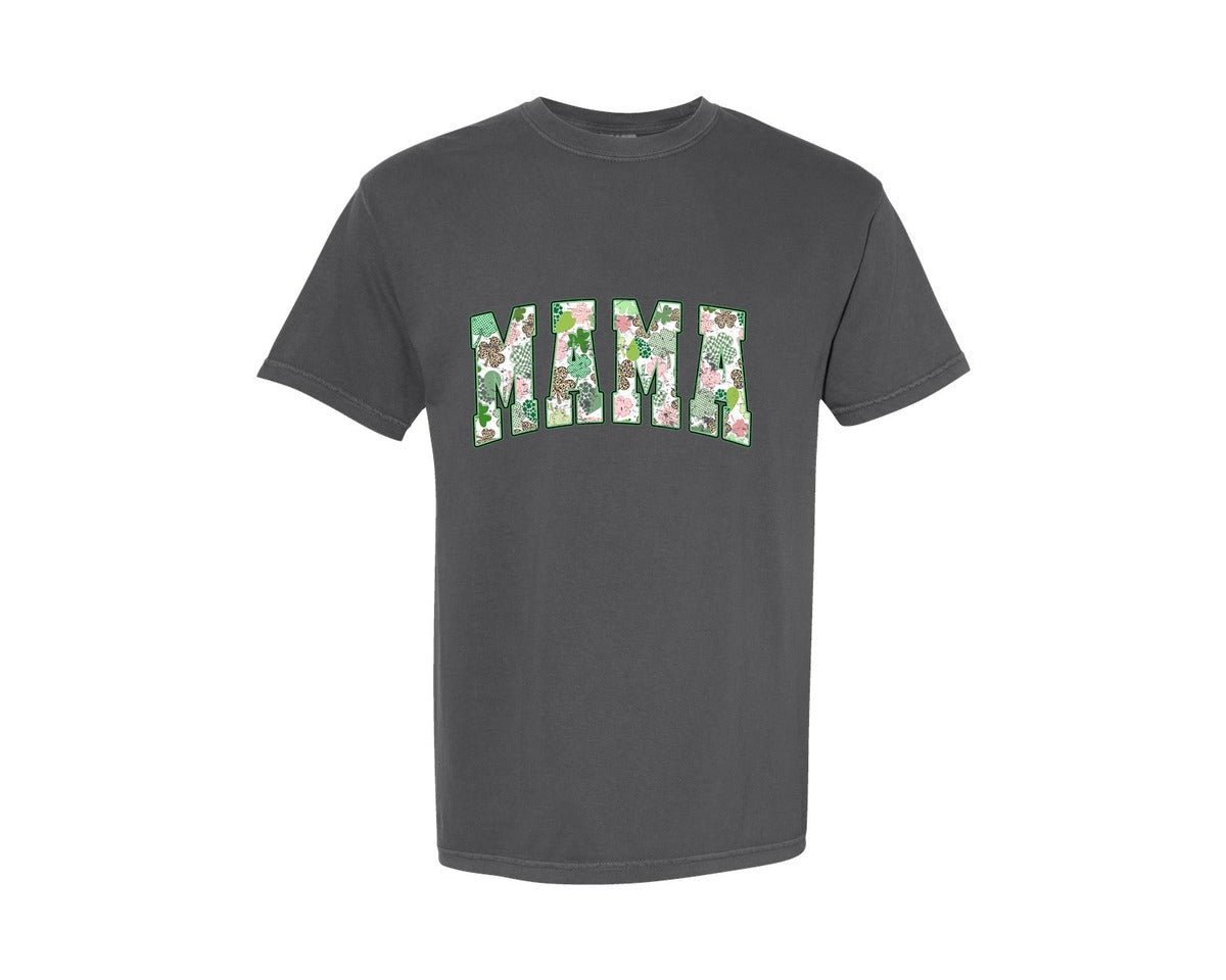 brand:Comfort Colors|color:Pepper|Mama St Patricks Retro Varsity Shamrock Graphic T-Shirt