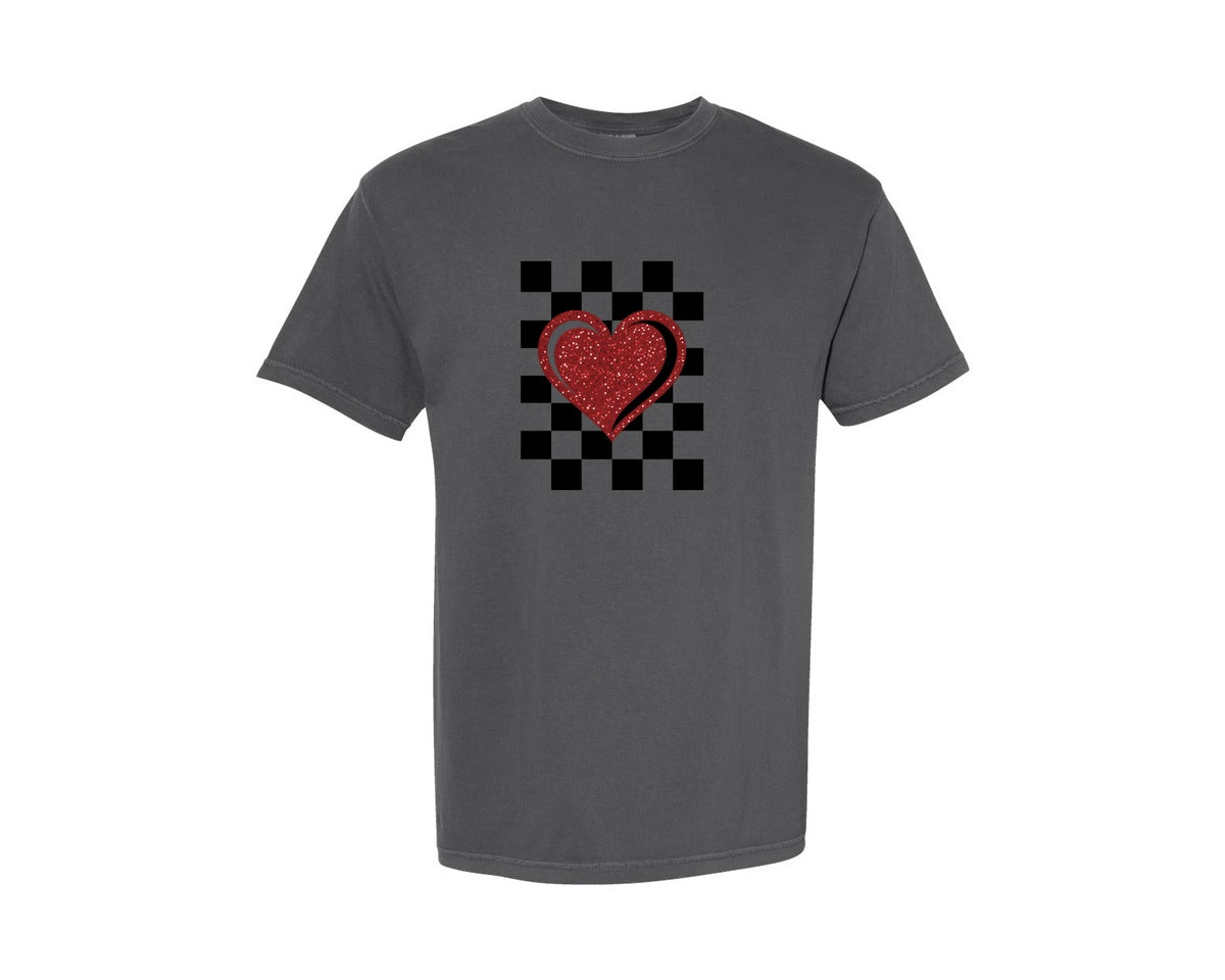 brand:Comfort Colors|color:Pepper|Retro Checkered Heart Valentines Graphic T-Shirt
