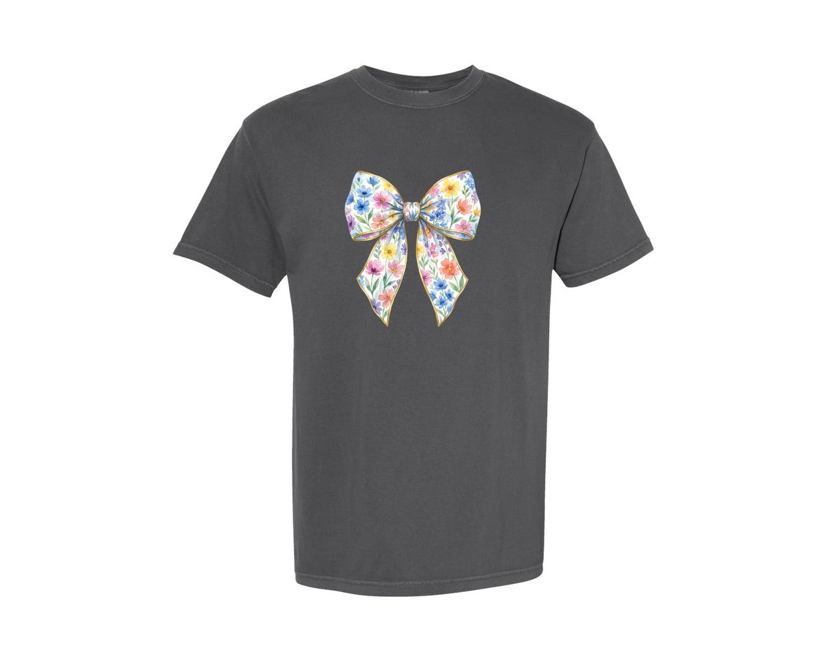 brand:Comfort Colors|color:Pepper|Floral Watercolor Bow Graphic T-Shirt