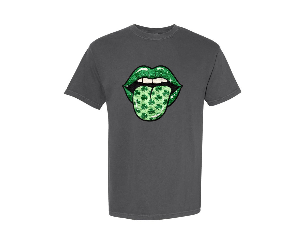 brand:Comfort Colors|color:Pepper|Lucky Shamrock Tongue Lips Graphic T-Shirt