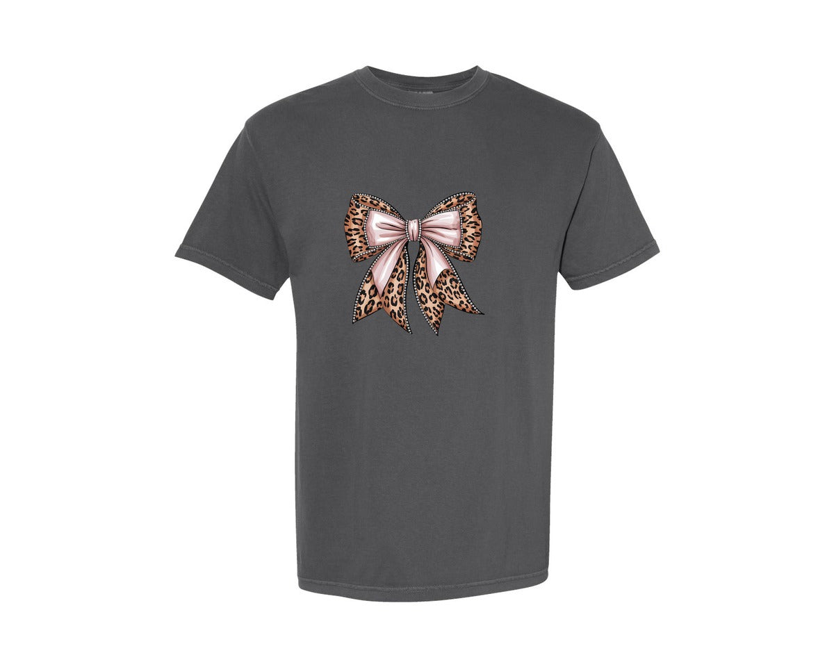 brand:Comfort Colors|color:Pepper|Leopard Print Glam Bow File 2 Graphic T-Shirt