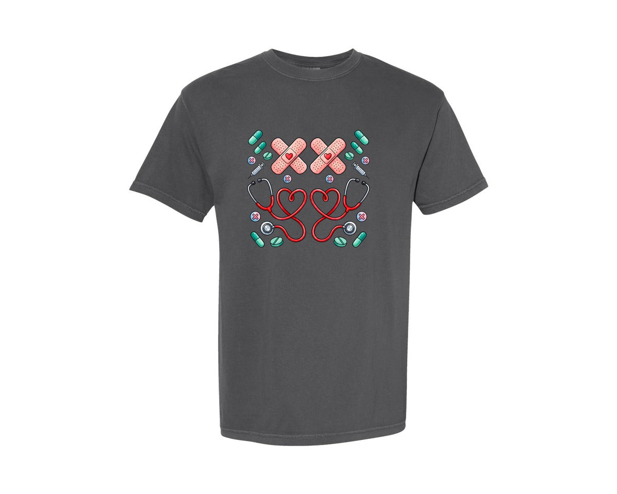 brand:Comfort Colors|color:Pepper|Valentine Nurse Stethoscope Xoxo Graphic T-Shirt