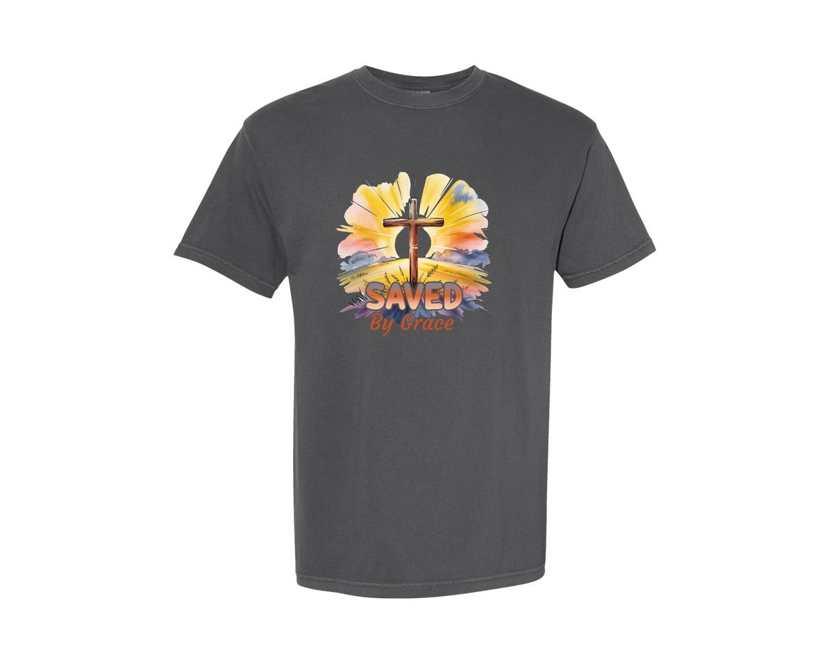brand:Comfort Colors|color:Pepper|Saved By Grace Christian Cross Easter Graphic T-Shirt