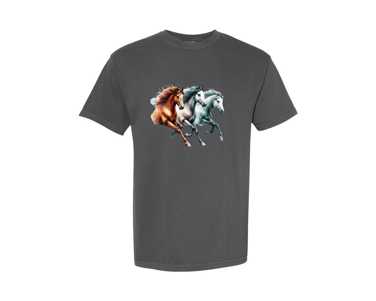 brand:Comfort Colors|color:Pepper|3 Horses Horses Design Graphic T-Shirt
