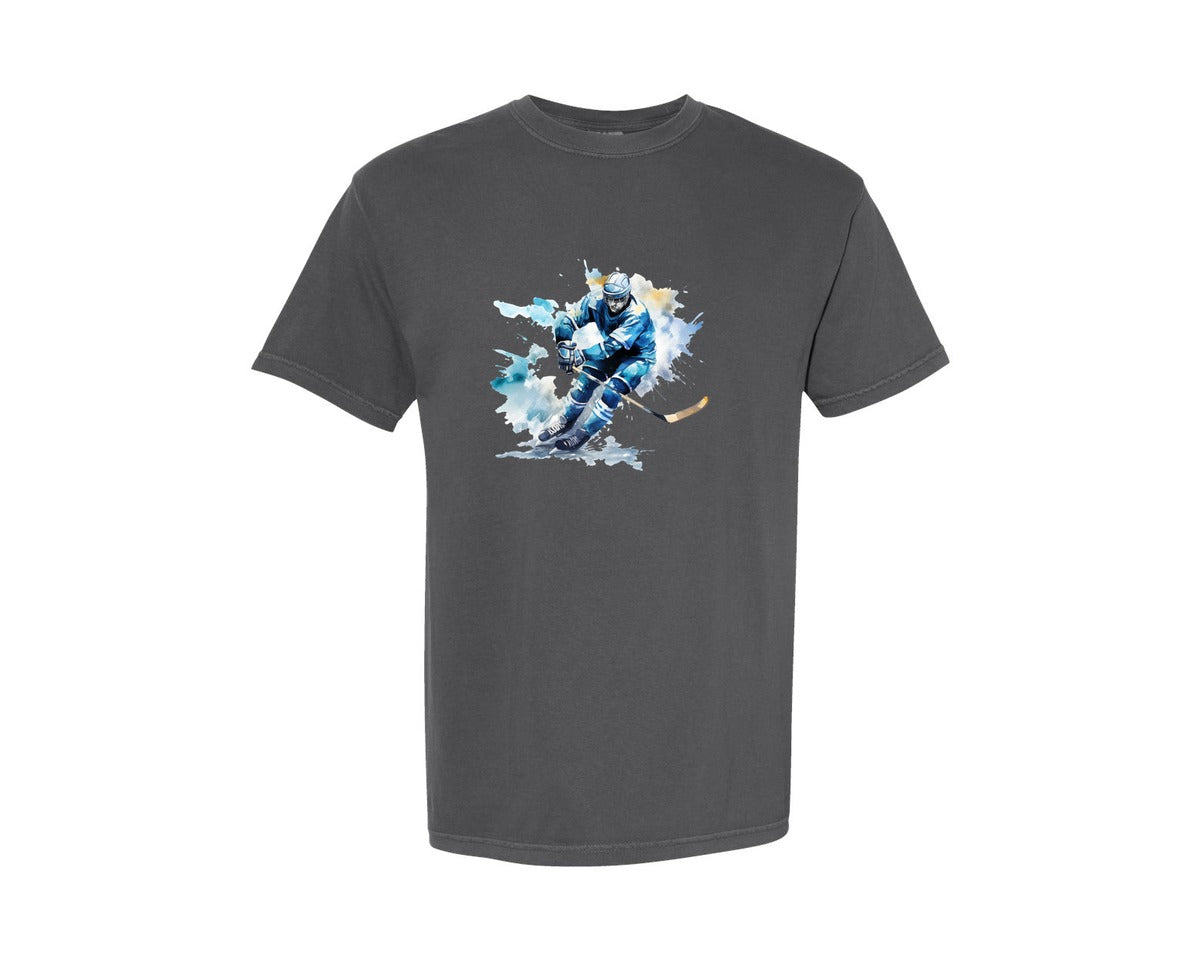brand:Comfort Colors|color:Pepper|Colorful Hockey Player Graphic T-Shirt