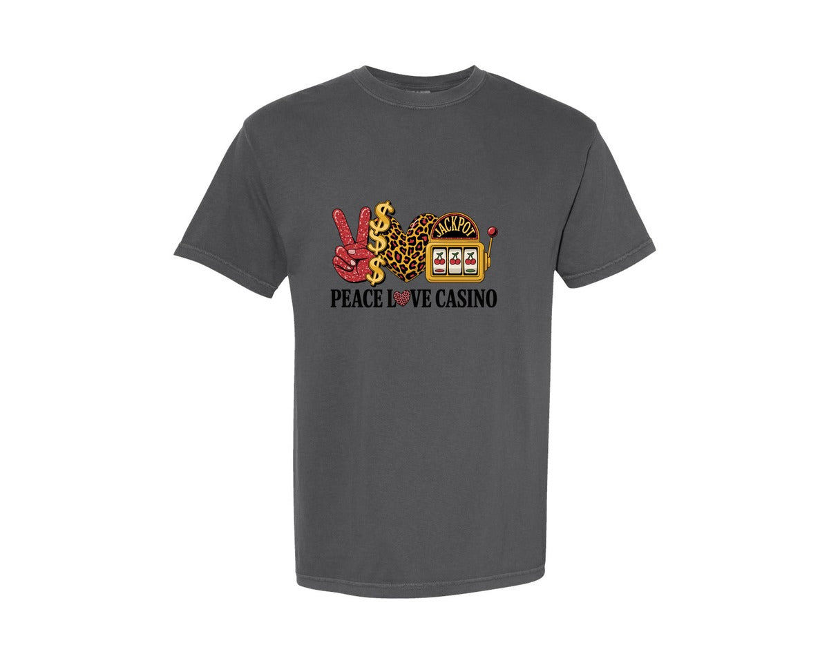 brand:Comfort Colors|color:Pepper|Peace Love Casino Leopard Print Slot Graphic T-Shirt