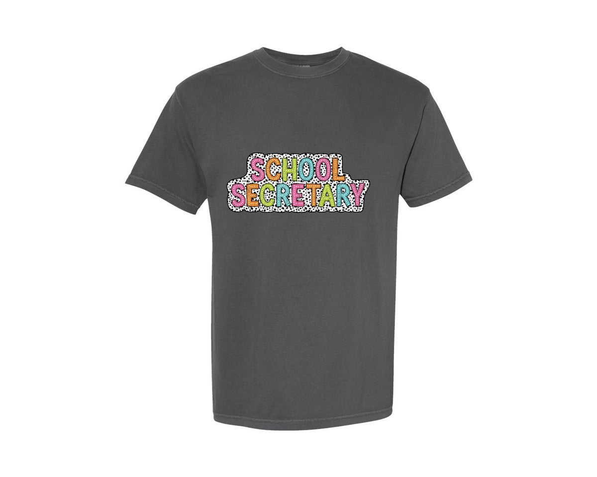 brand:Comfort Colors|color:Pepper|School Secretary Dalmatian Dots Graphic T-Shirt