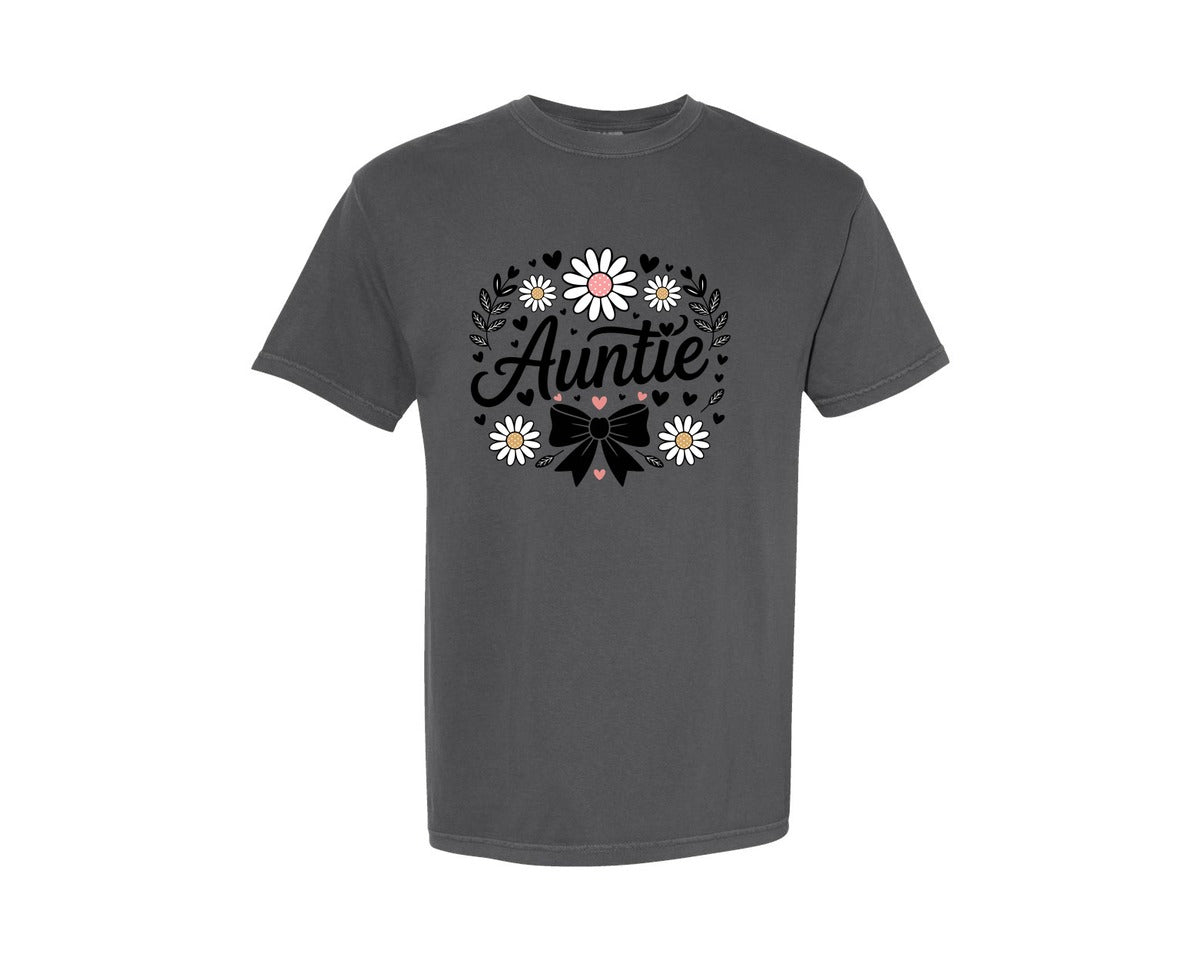 brand:Comfort Colors|color:Pepper|Auntie Daisy Flowers Bow Hearts Graphic T-Shirt