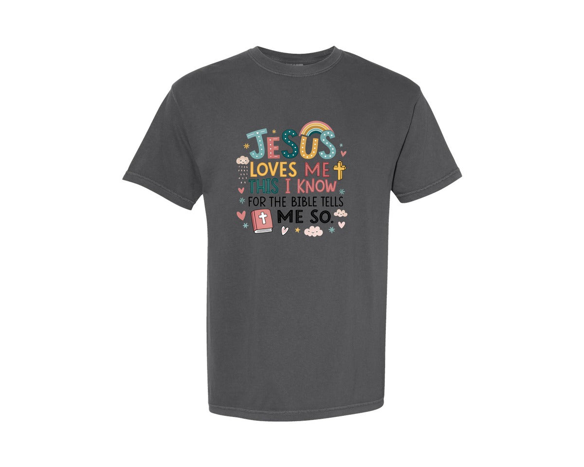brand:Comfort Colors|color:Pepper|Jesus Loves Me This I Know Bible Quote Graphic T-Shirt