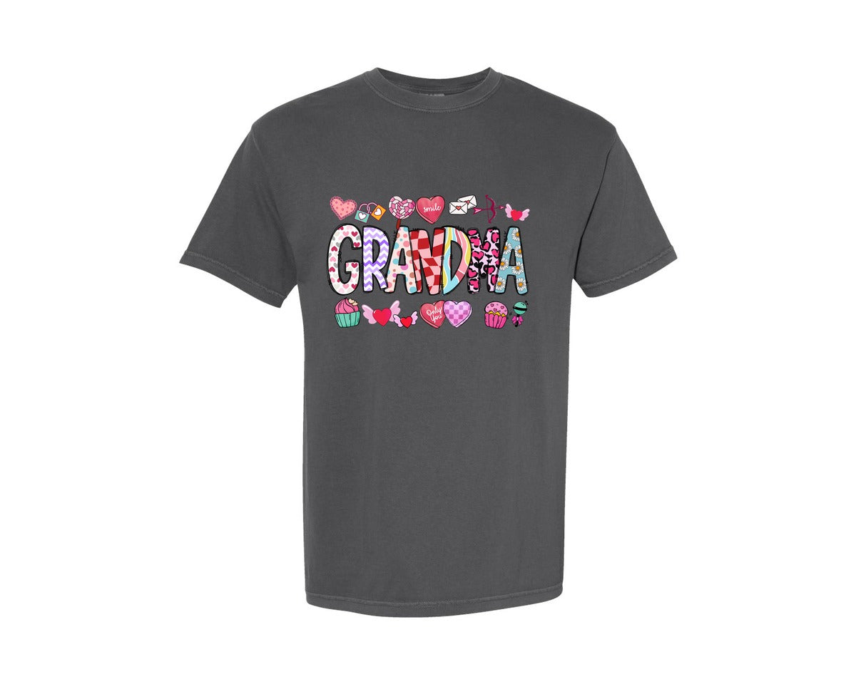 brand:Comfort Colors|color:Pepper|Grandma Valentines Day Doodle Lettered Graphic T-Shirt