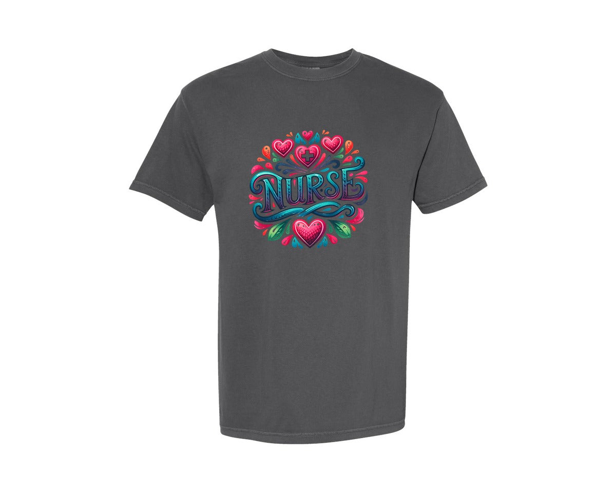 brand:Comfort Colors|color:Pepper|Nurse Hospital Carer Medic Hearts Graphic T-Shirt