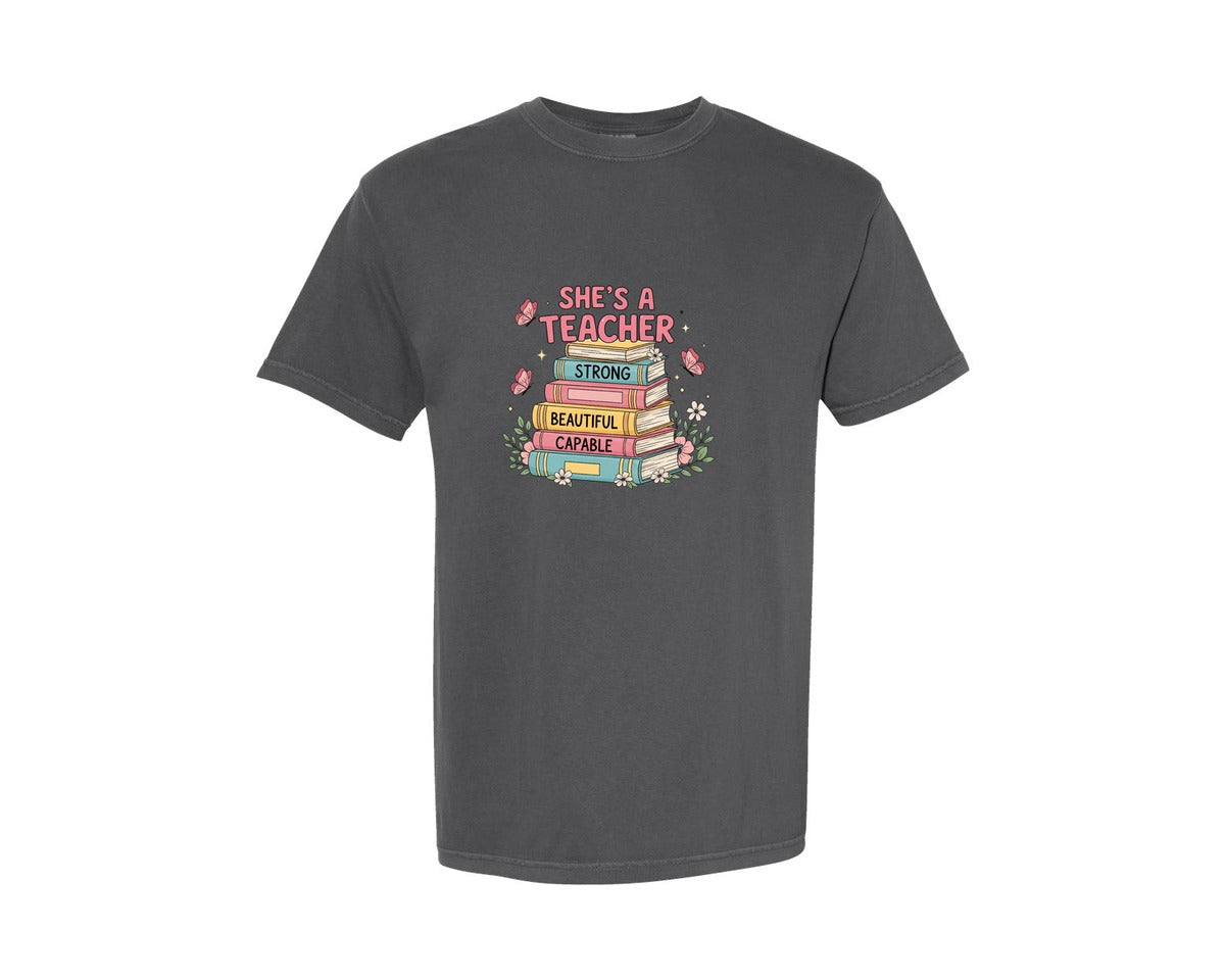 brand:Comfort Colors|color:Pepper|She Is A Teacher Book Bible 4 Graphic T-Shirt