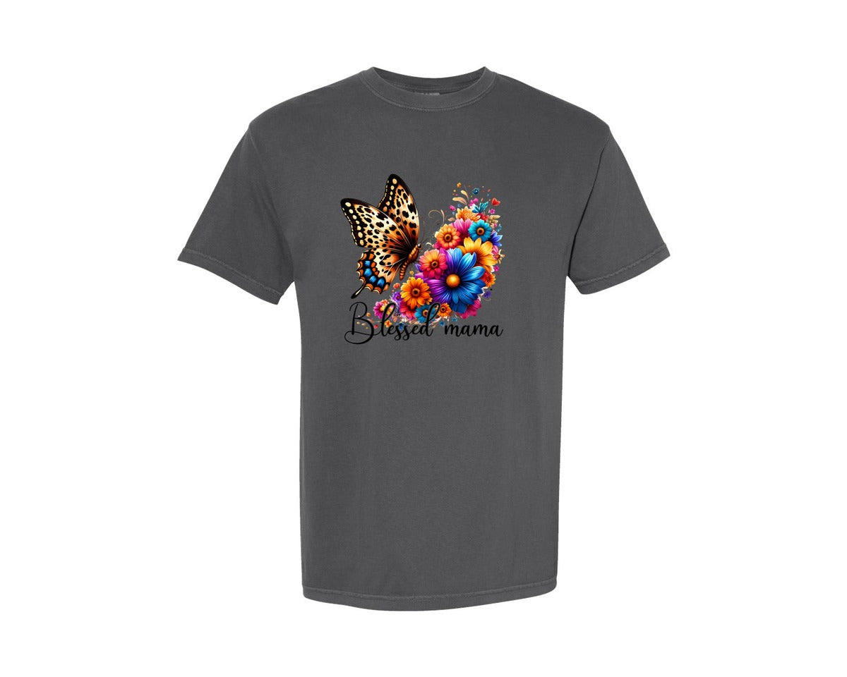brand:Comfort Colors|color:Pepper|Blessed Mama Butterfly Floral Graphic T-Shirt