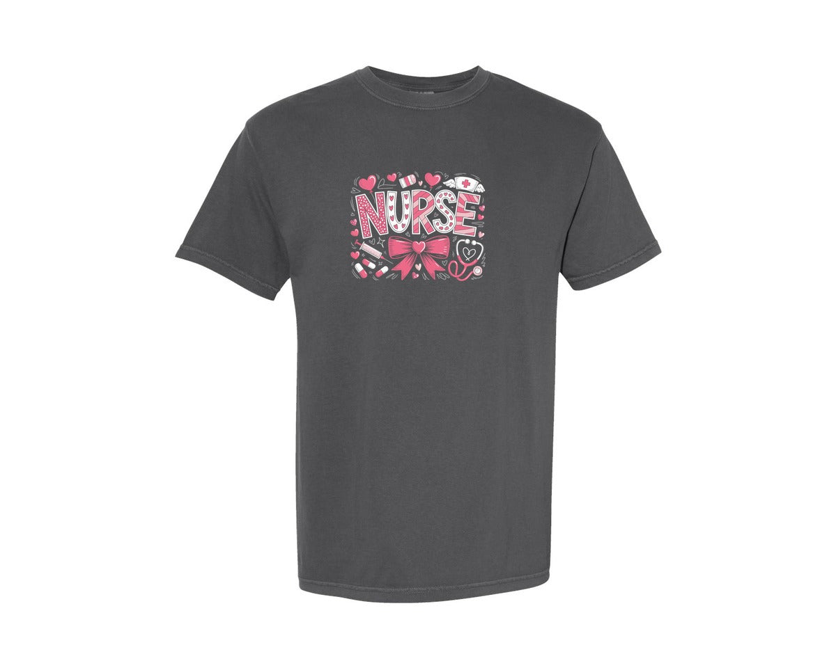 brand:Comfort Colors|color:Pepper|Valentines Day Nurse Coquette Bow Graphic T-Shirt