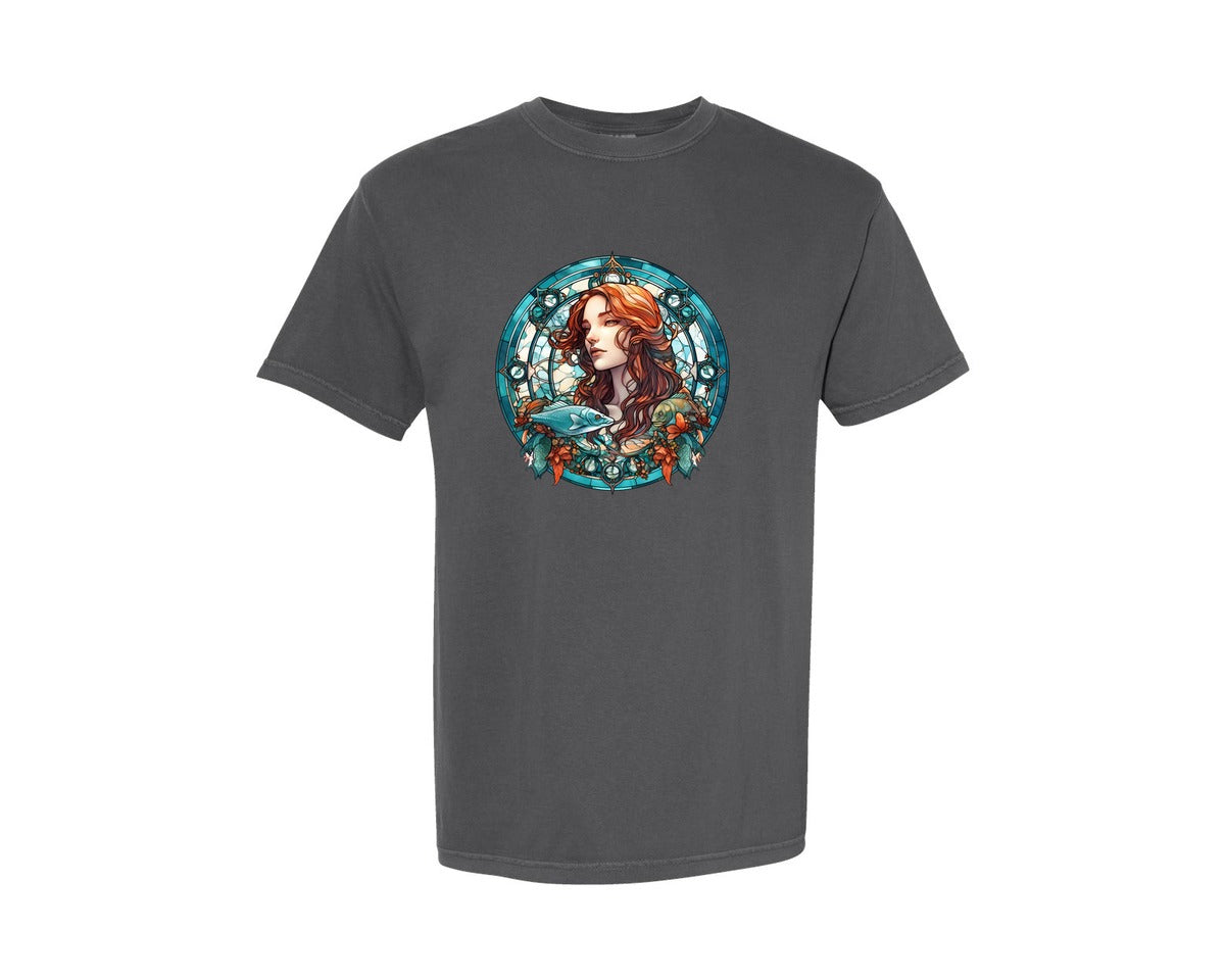brand:Comfort Colors|color:Pepper|Stained Glass Pisces Queen Graphic T-Shirt