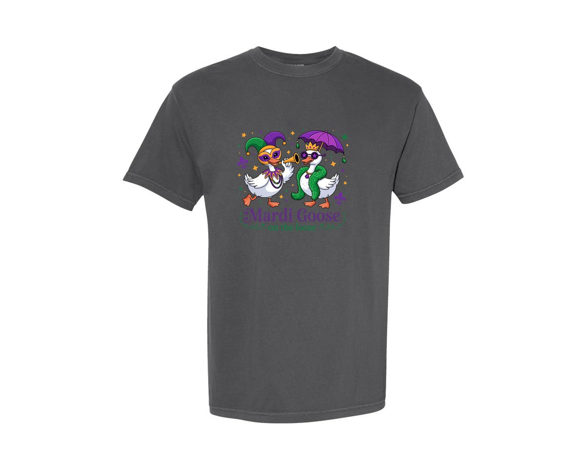 brand:Comfort Colors|color:Pepper|Funny Mardi Gras Goose Let The Good 2 Graphic T-Shirt