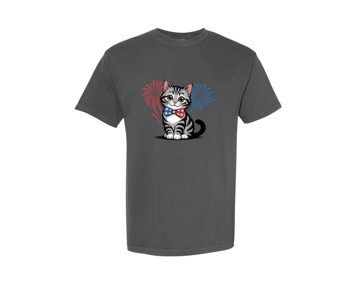 brand:Comfort Colors|color:Pepper|Patriotic Cat Bow Tie Fireworks 2 Graphic T-Shirt