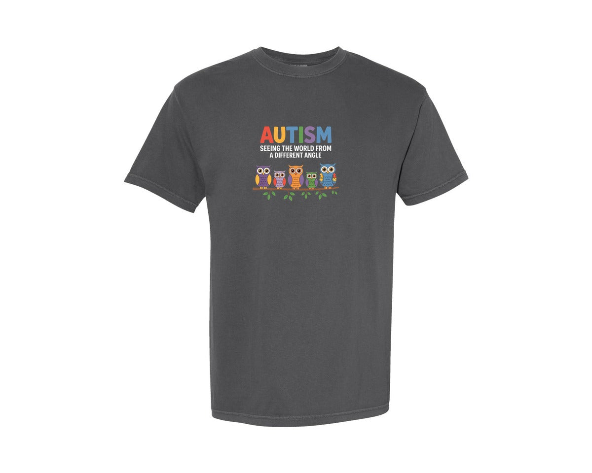 brand:Comfort Colors|color:Pepper|Autism Different Angle Owls Graphic T-Shirt