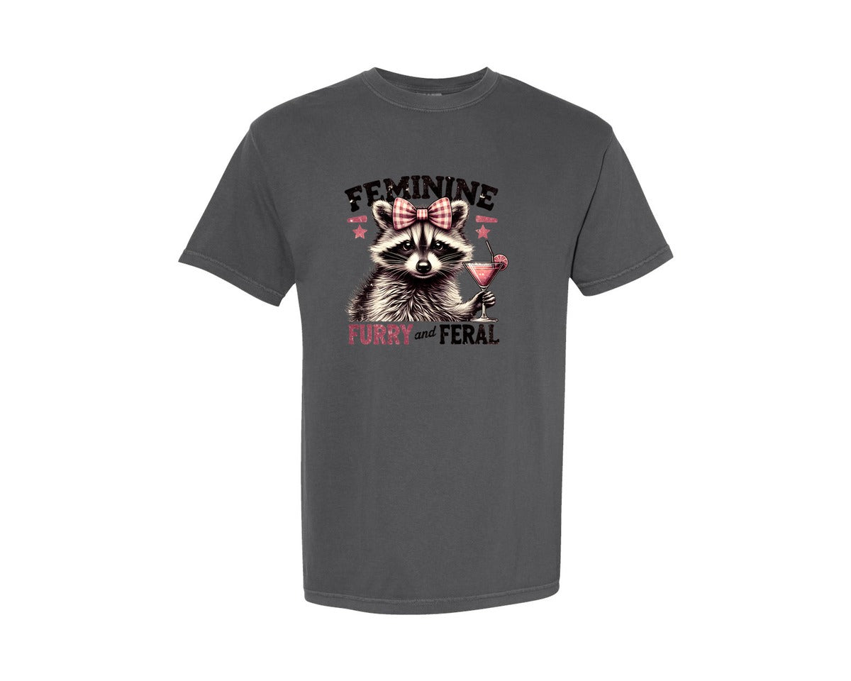 brand:Comfort Colors|color:Pepper|Raccoon Feminine Furry And Feral Graphic T-Shirt