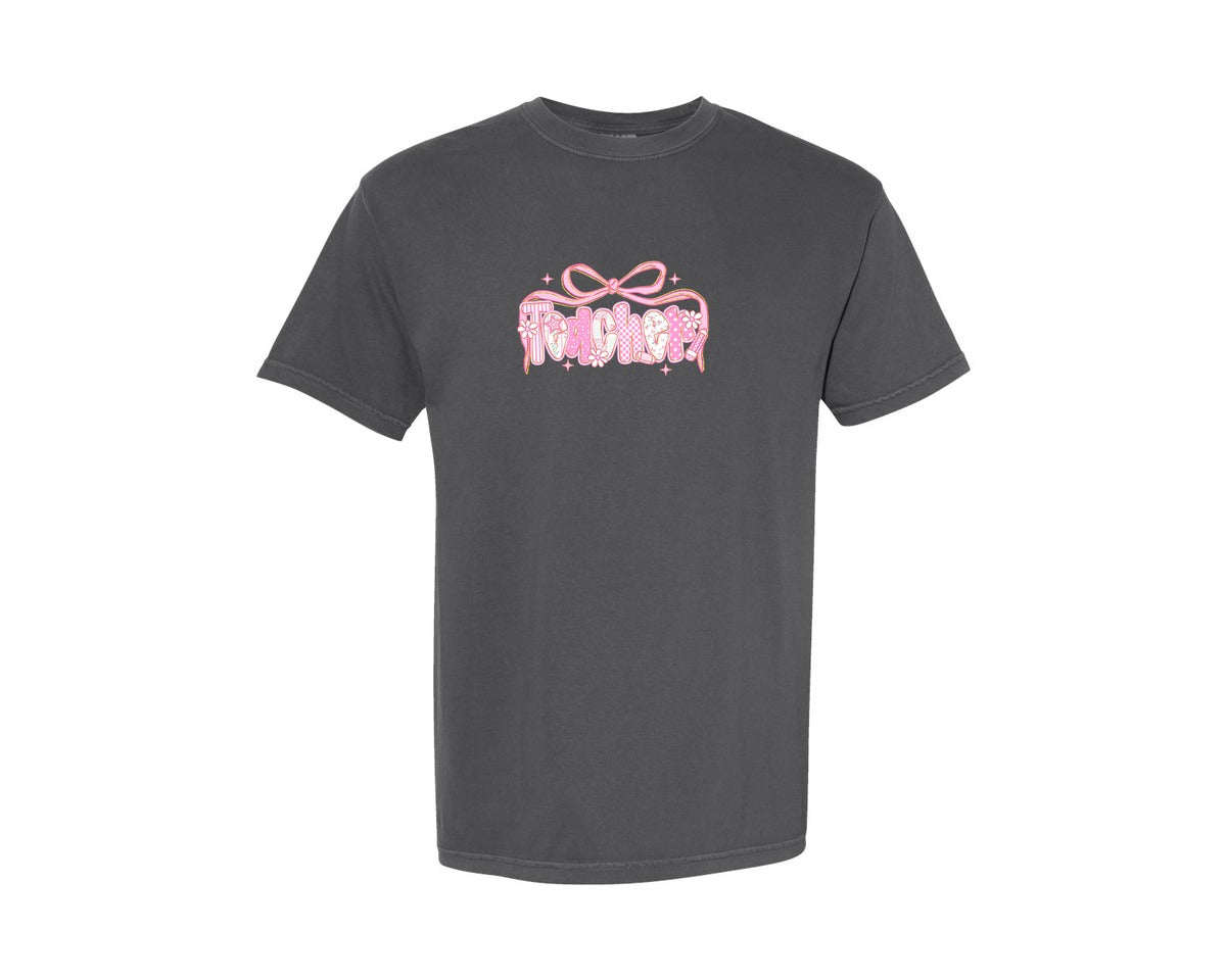 brand:Comfort Colors|color:Pepper|Coquette Teacher Pink Teacher Graphic T-Shirt