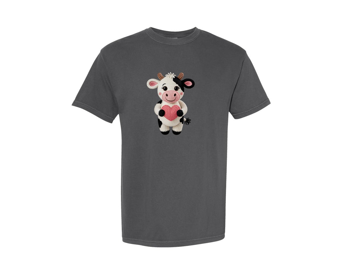 brand:Comfort Colors|color:Pepper|Crochet Cow Holding Heart Graphic T-Shirt