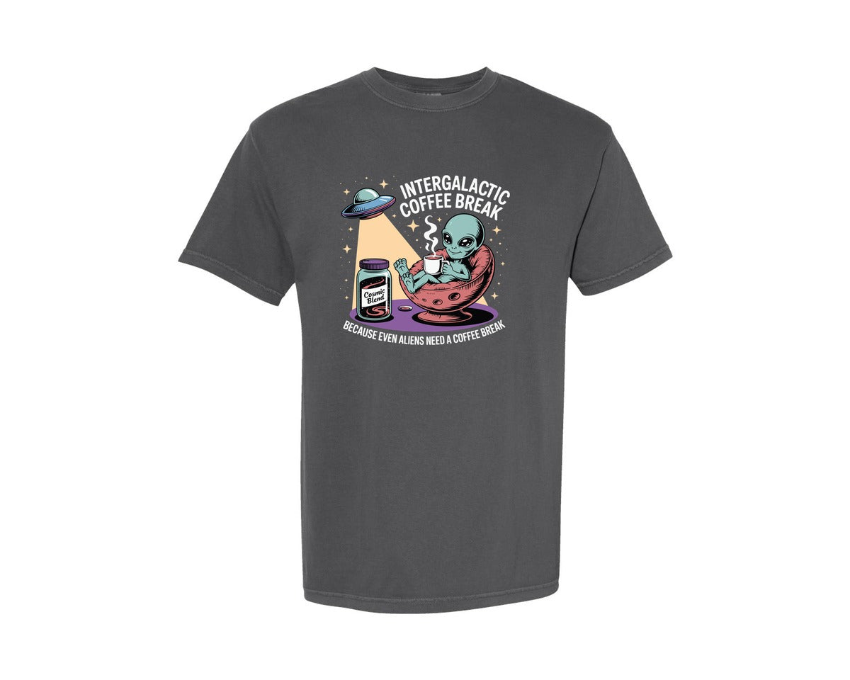 brand:Comfort Colors|color:Pepper|Coffee Break Funny Alien Coffee Graphic T-Shirt